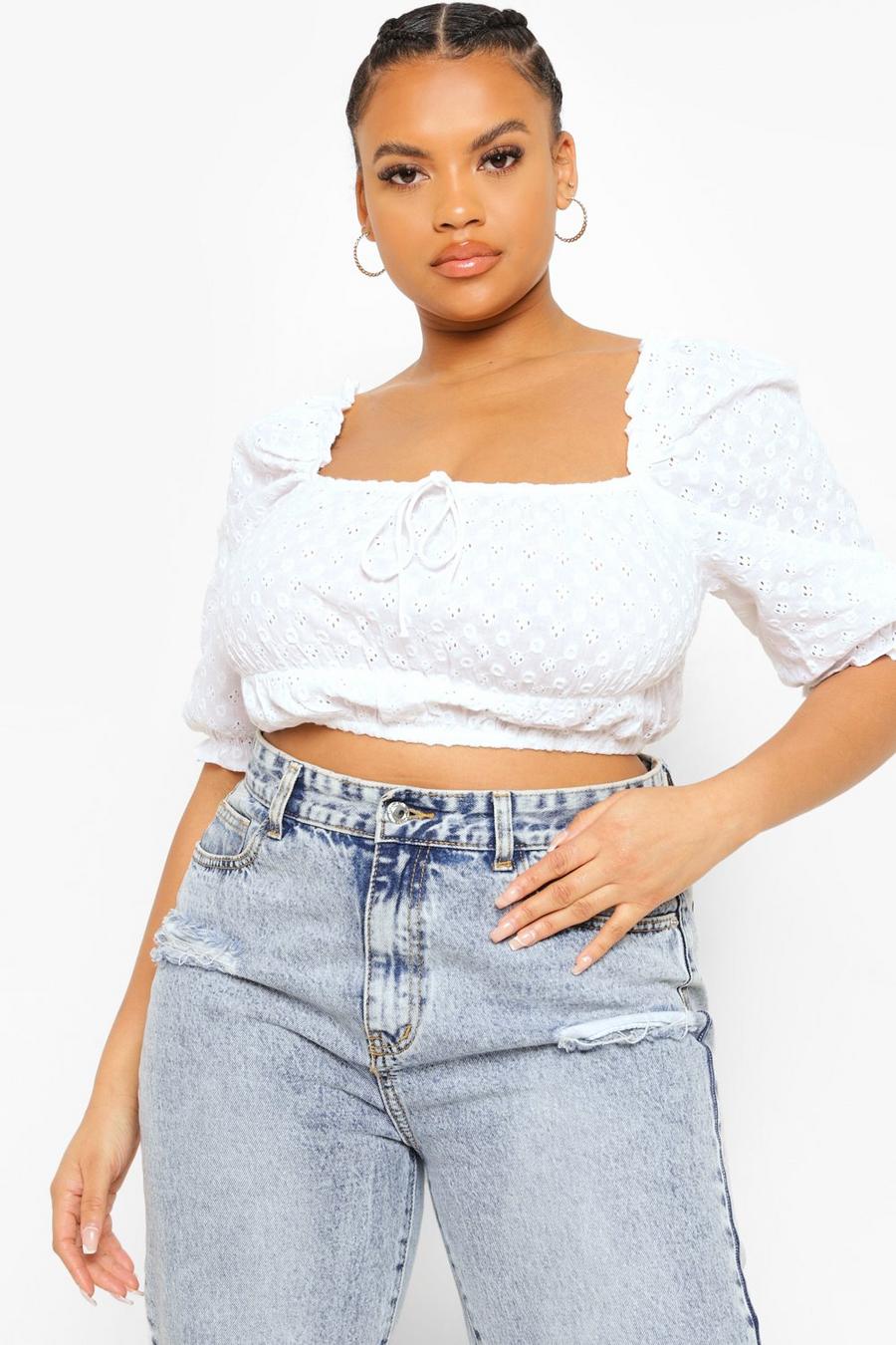 Ivory Plus Broderie Anglaise Crop Top Met Pofmouwen image number 1