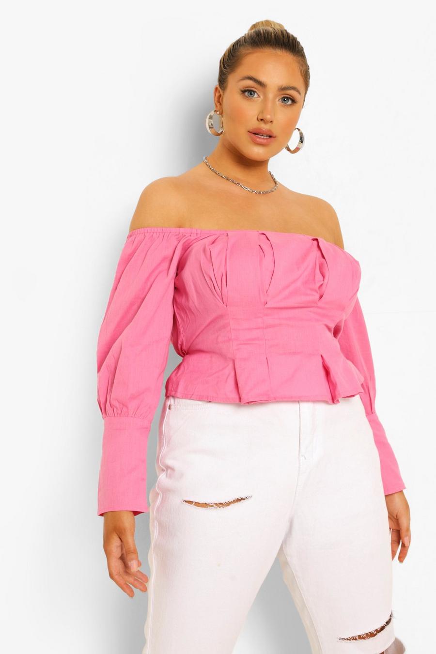Candy pink Plus - Off shoulder-topp med peplum och puffärm image number 1