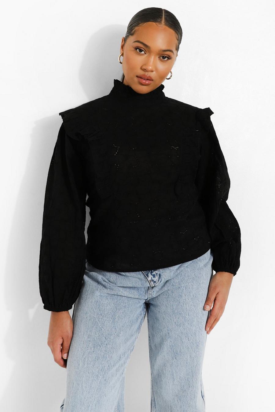 Black Plus Broderie High Neck Ruffle Blouse image number 1
