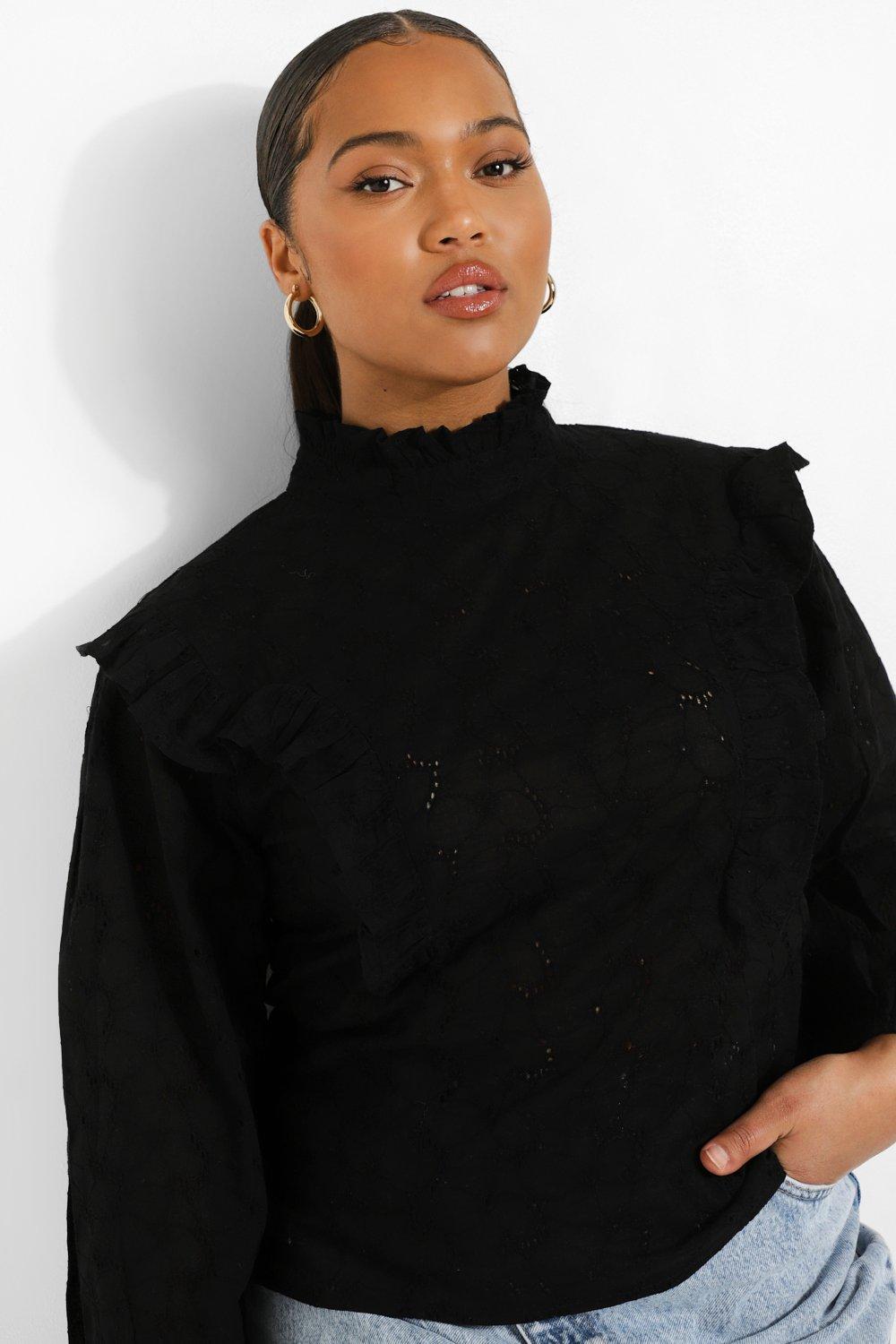 Black high neck cheap ruffle blouse