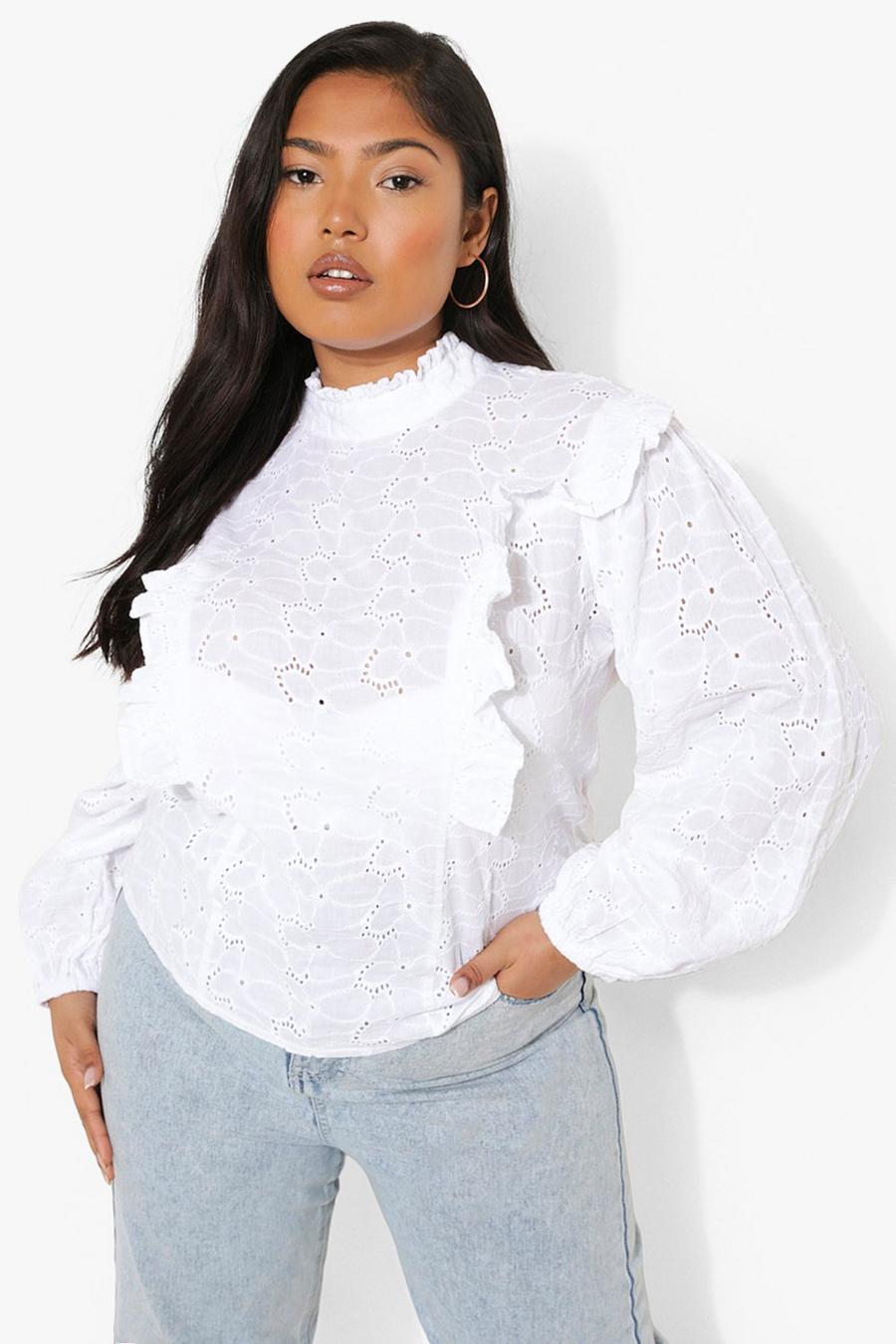 Ivory Plus Broderie High Neck Ruffle Blouse image number 1