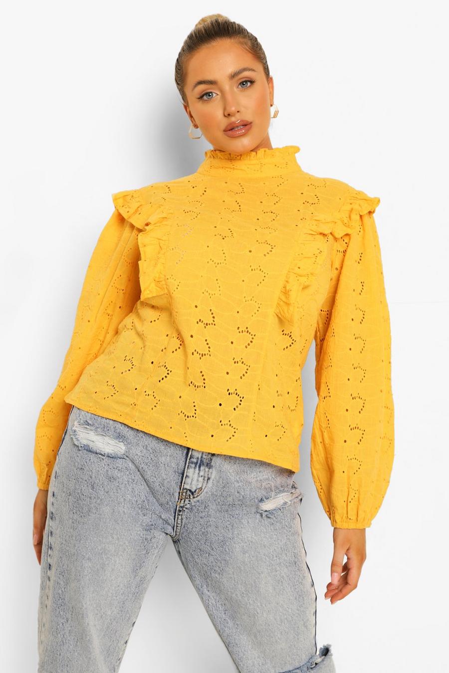 Mustard Plus Broderie High Neck Ruffle Blouse image number 1