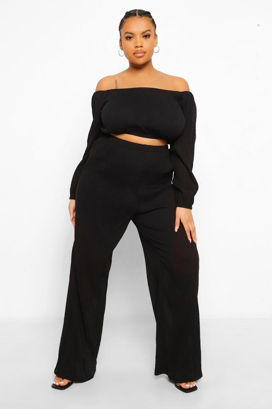 Black Plus Cheesecloth Bardot Crop Wide Leg Co-ord image number 1