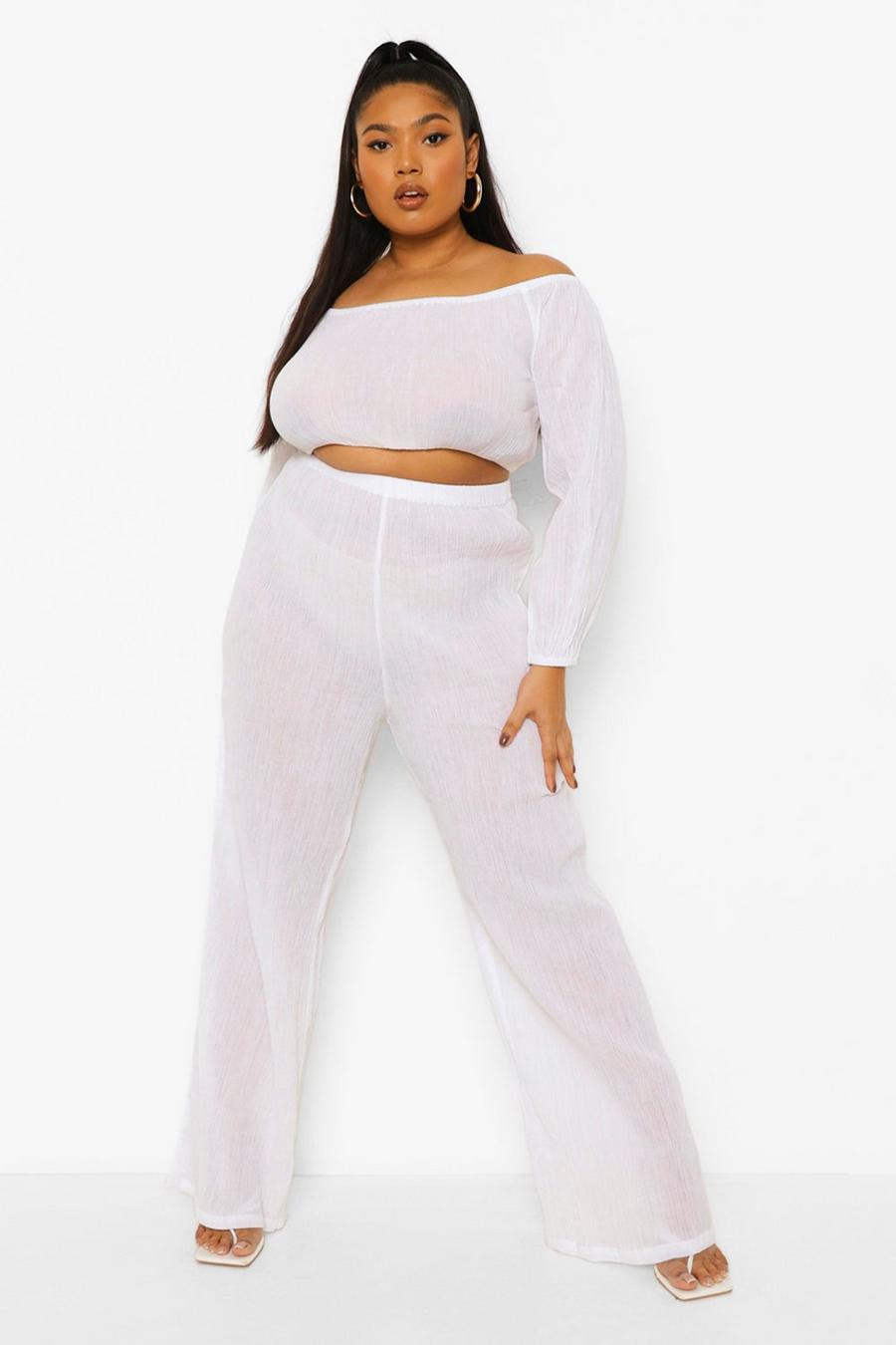 Ivory Plus Cheesecloth Bardot Crop Wide Leg Co-ord image number 1