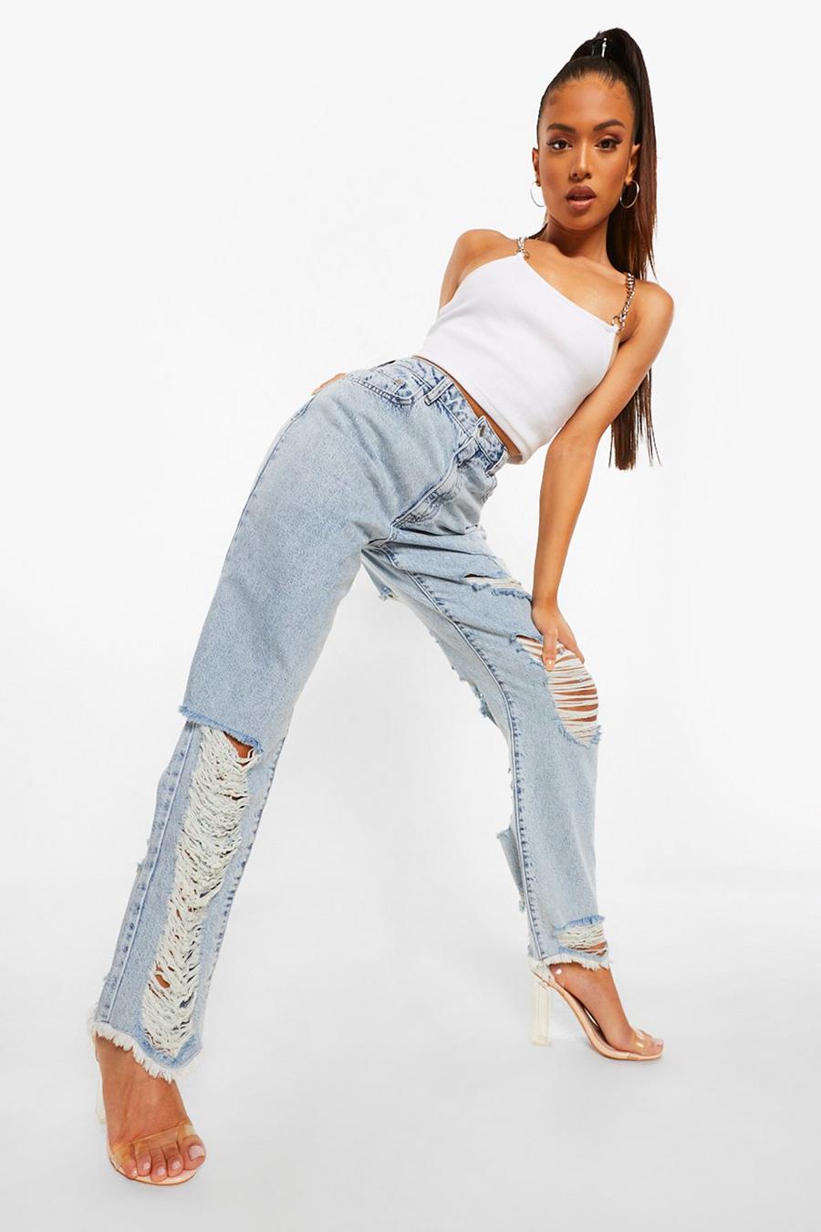 Ice blue Petite Heavily Distressed Straight Leg Jeans image number 1
