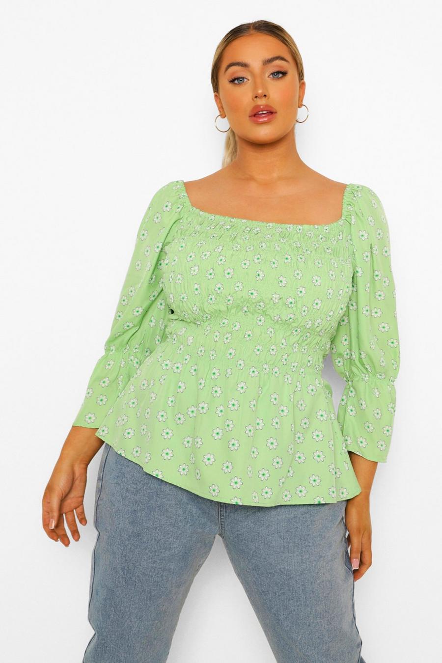 Green Plus Ditsy Shirred Frill Hem Blouse image number 1