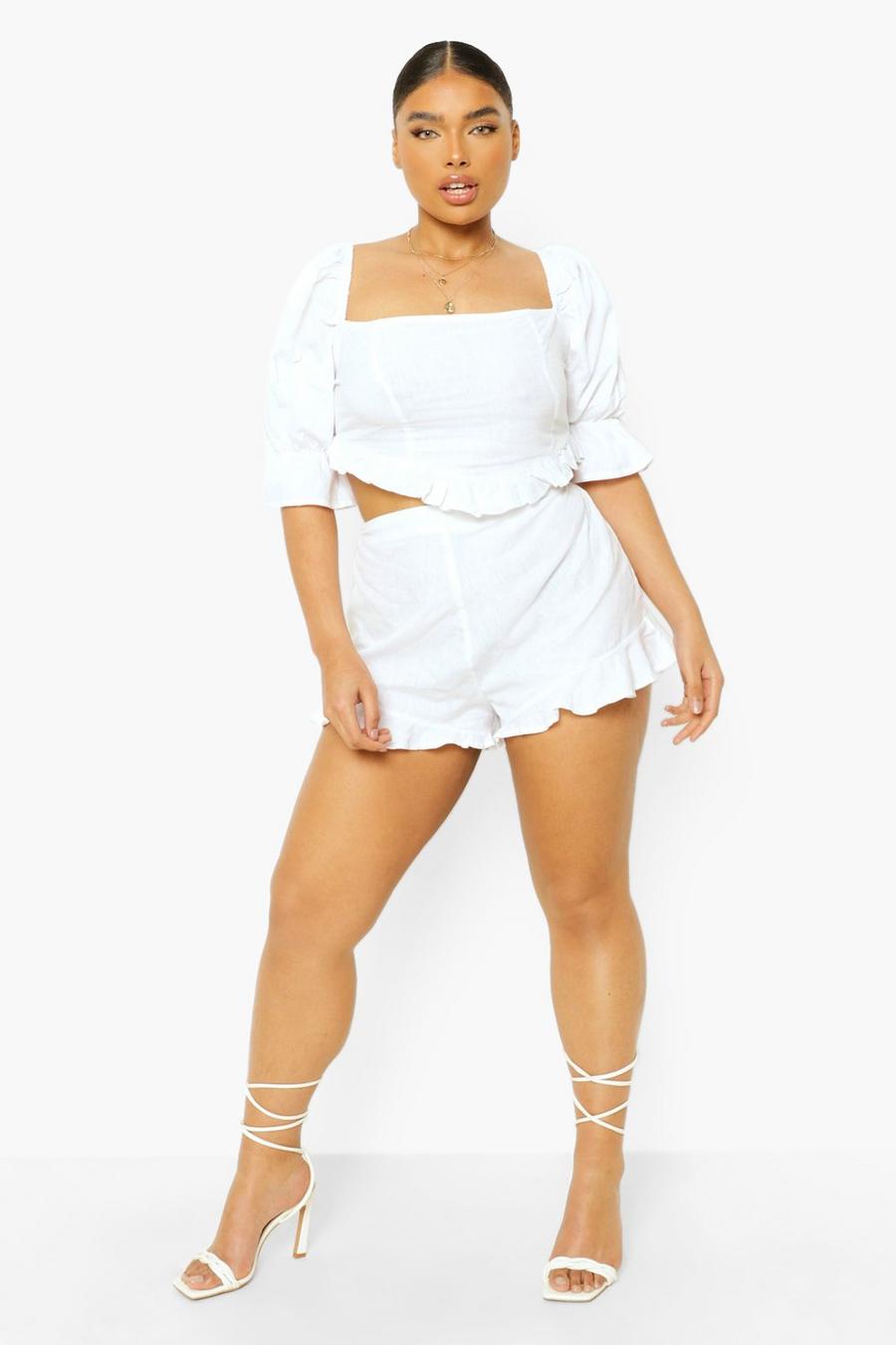 White Plus Frill Hem Shorts Two-Piece image number 1