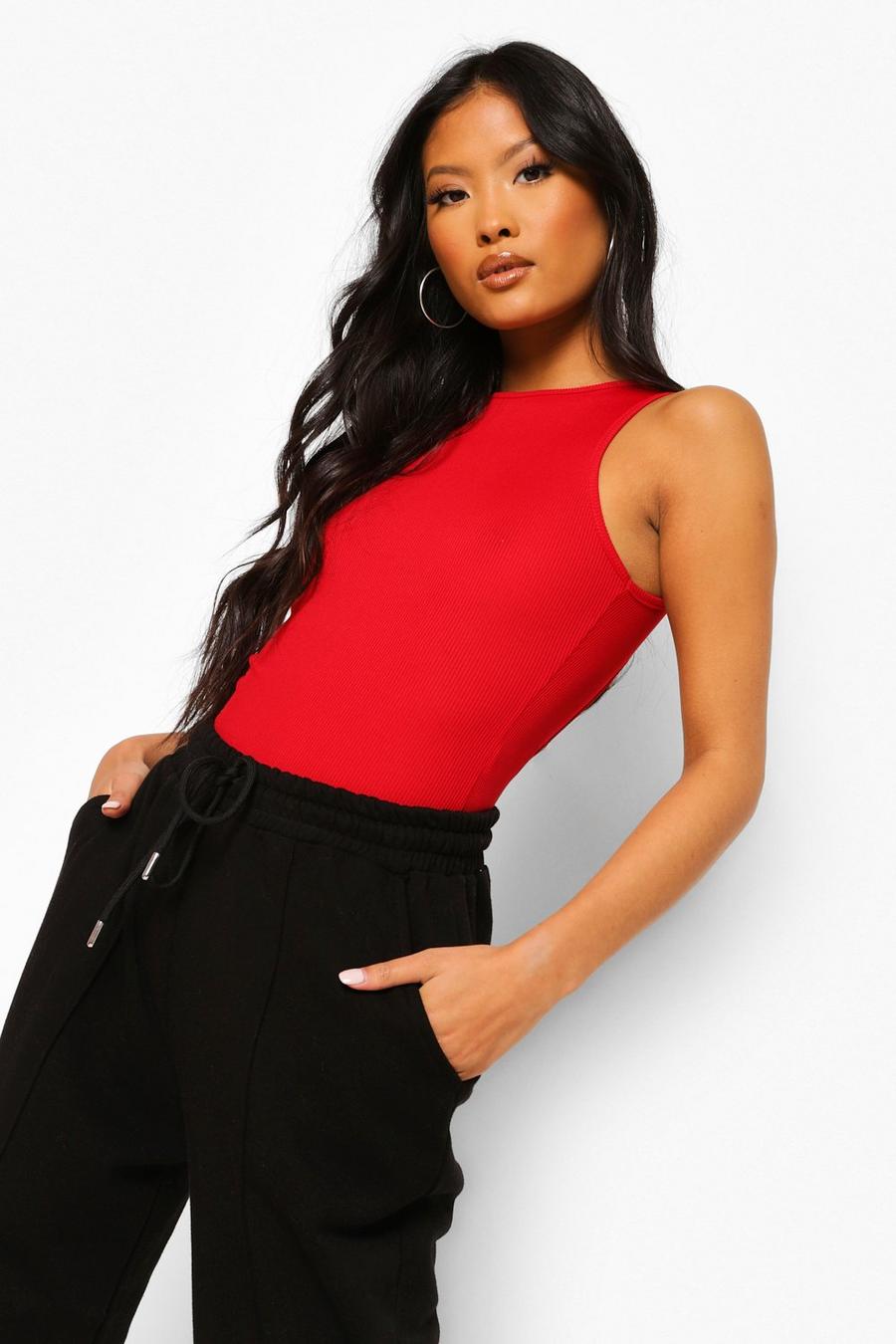 Red Petite Racer Front Open Back Rib Bodysuit image number 1