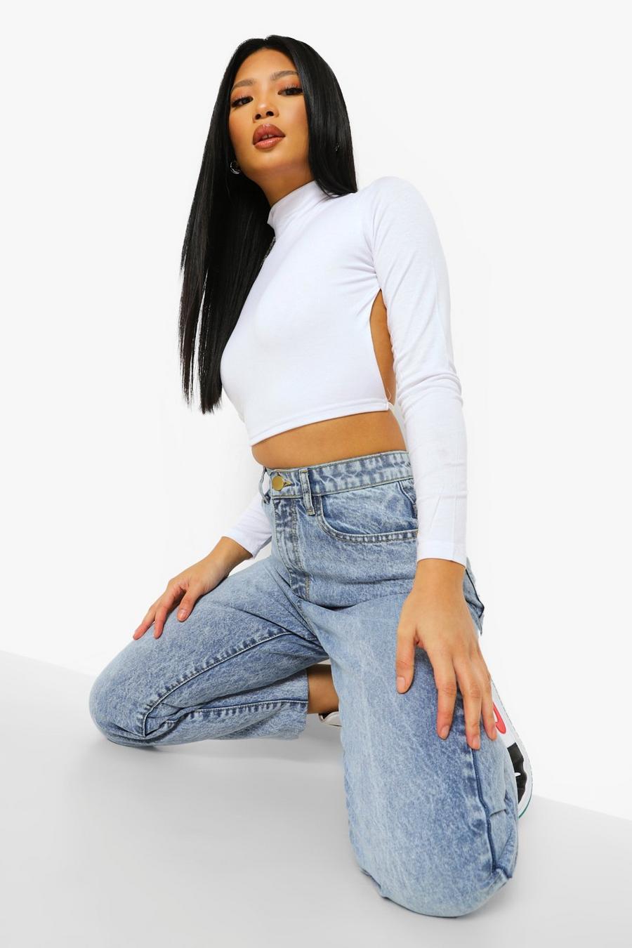 White Petite High Neck Fine Tie Back Crop Top image number 1