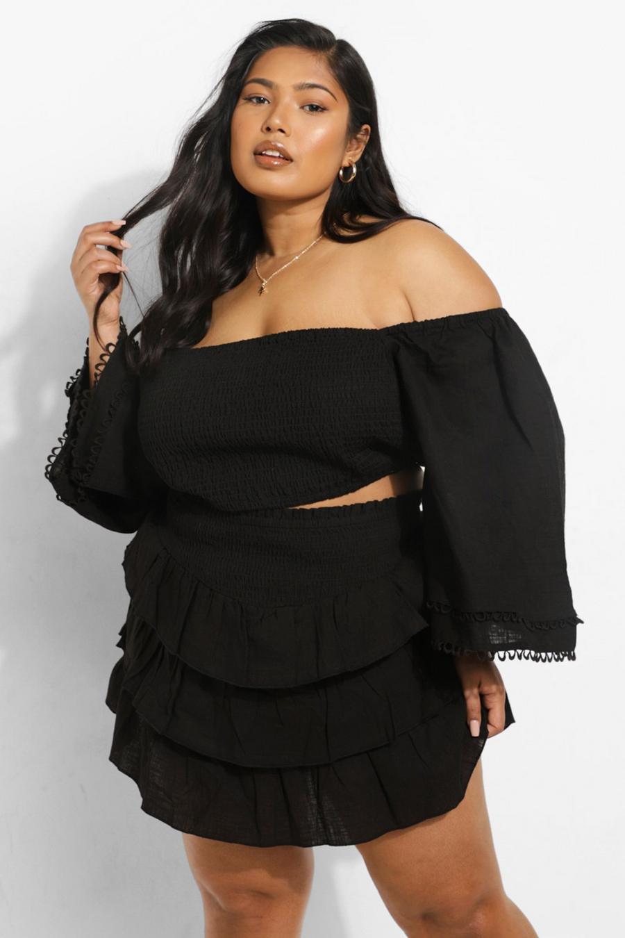 Black Plus Shirred Mini Skirt Co-ord