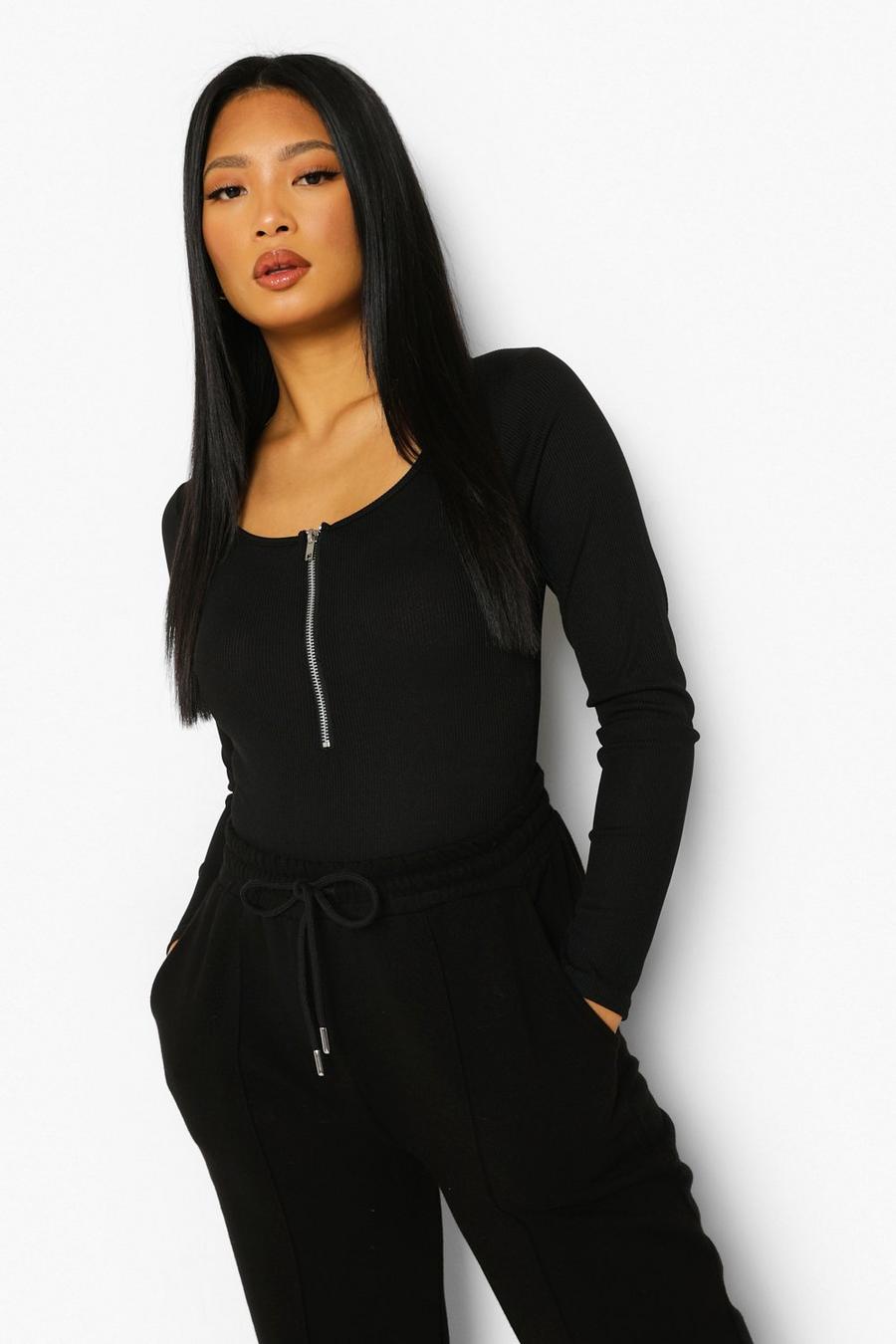 Black Petite Zip Front Long Sleeve Bodysuit image number 1