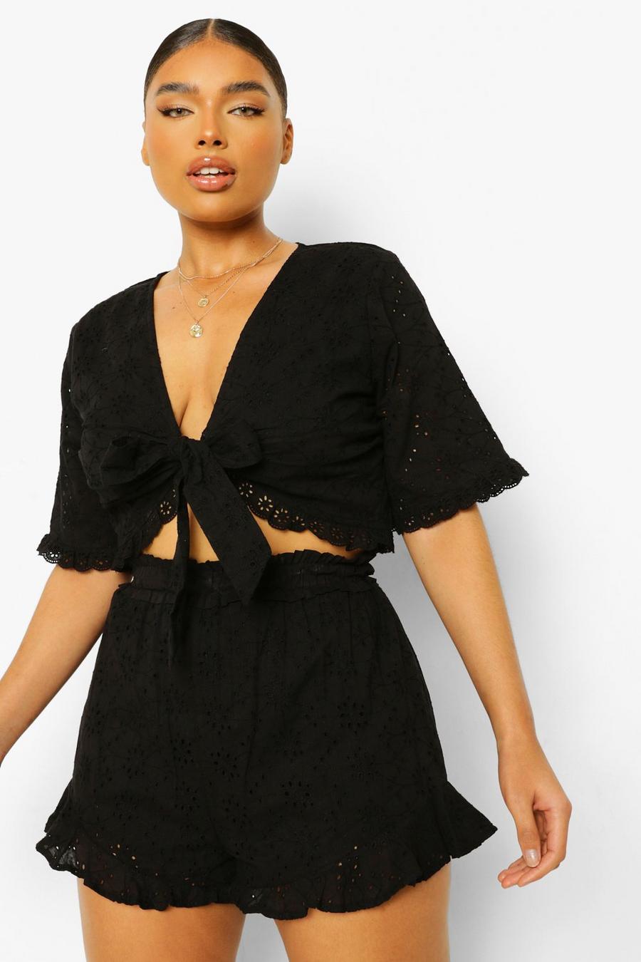 Black Plus Broderie Tie Front Short Co-ord