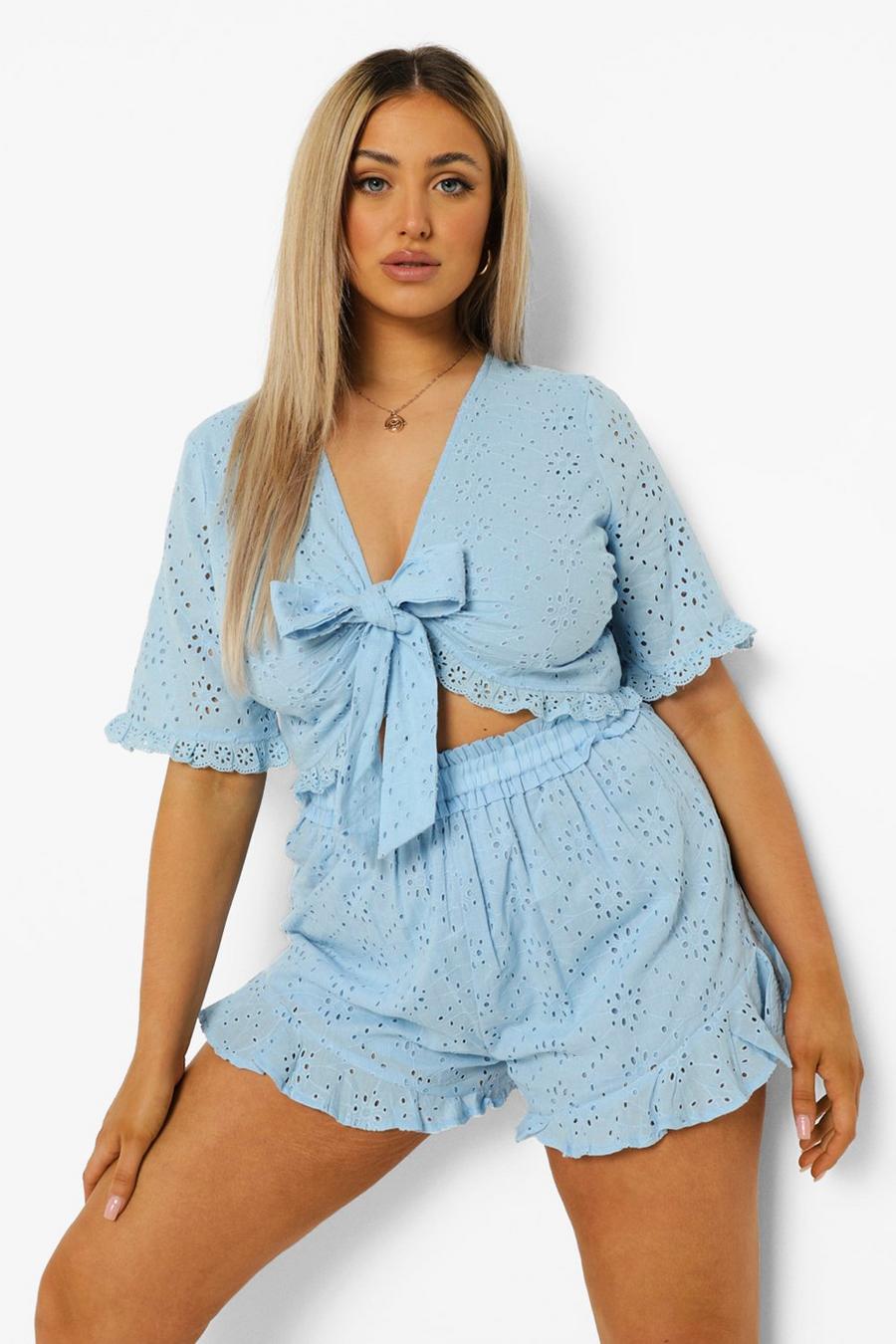 Blue Plus Broderie Tie Front Shorts Co-ord image number 1