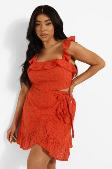 Plus Broderie Wrap Frill Mini Skirt Co-ord red