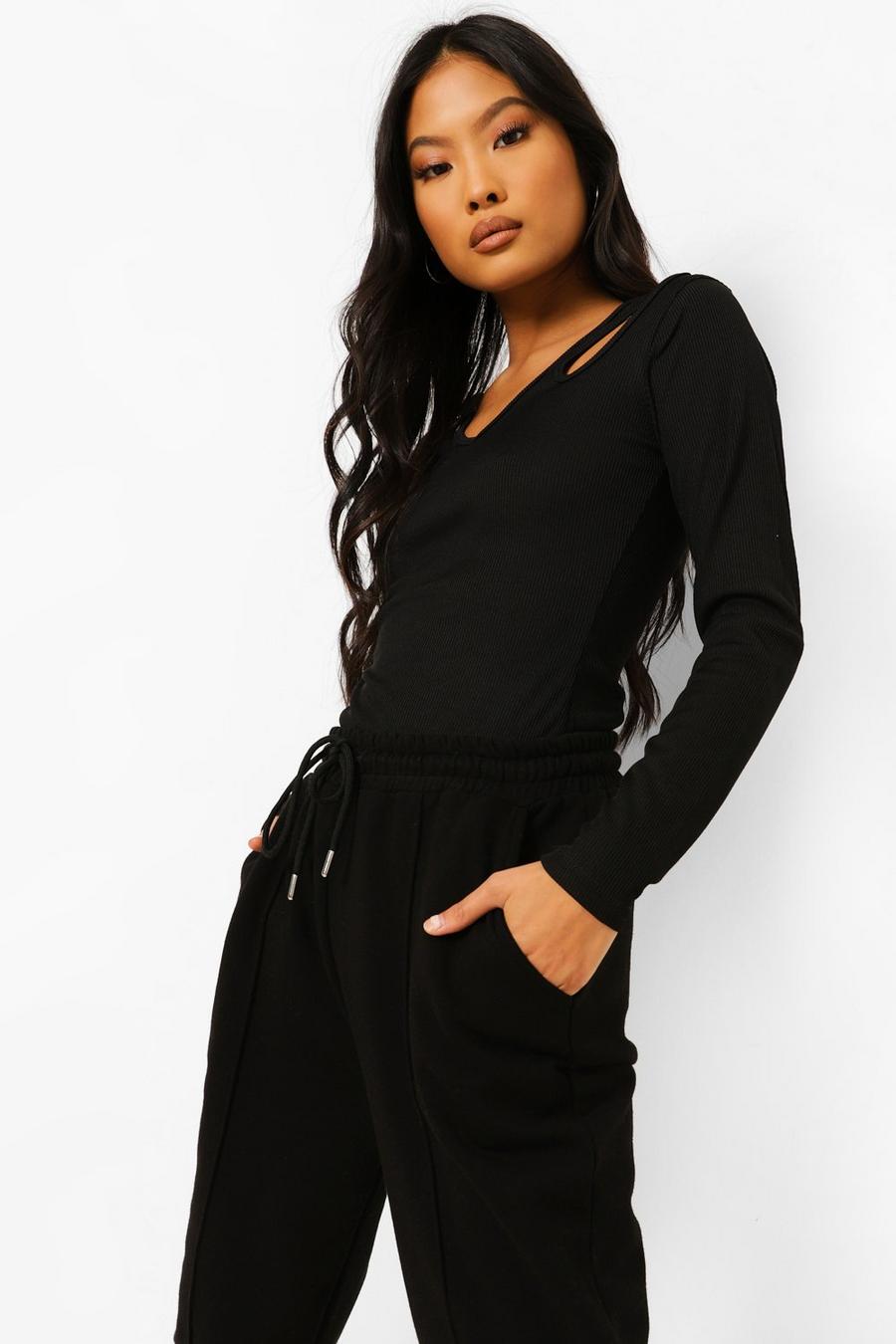 Black Petite Cut Out Detail Long Sleeve Ribbed Top image number 1