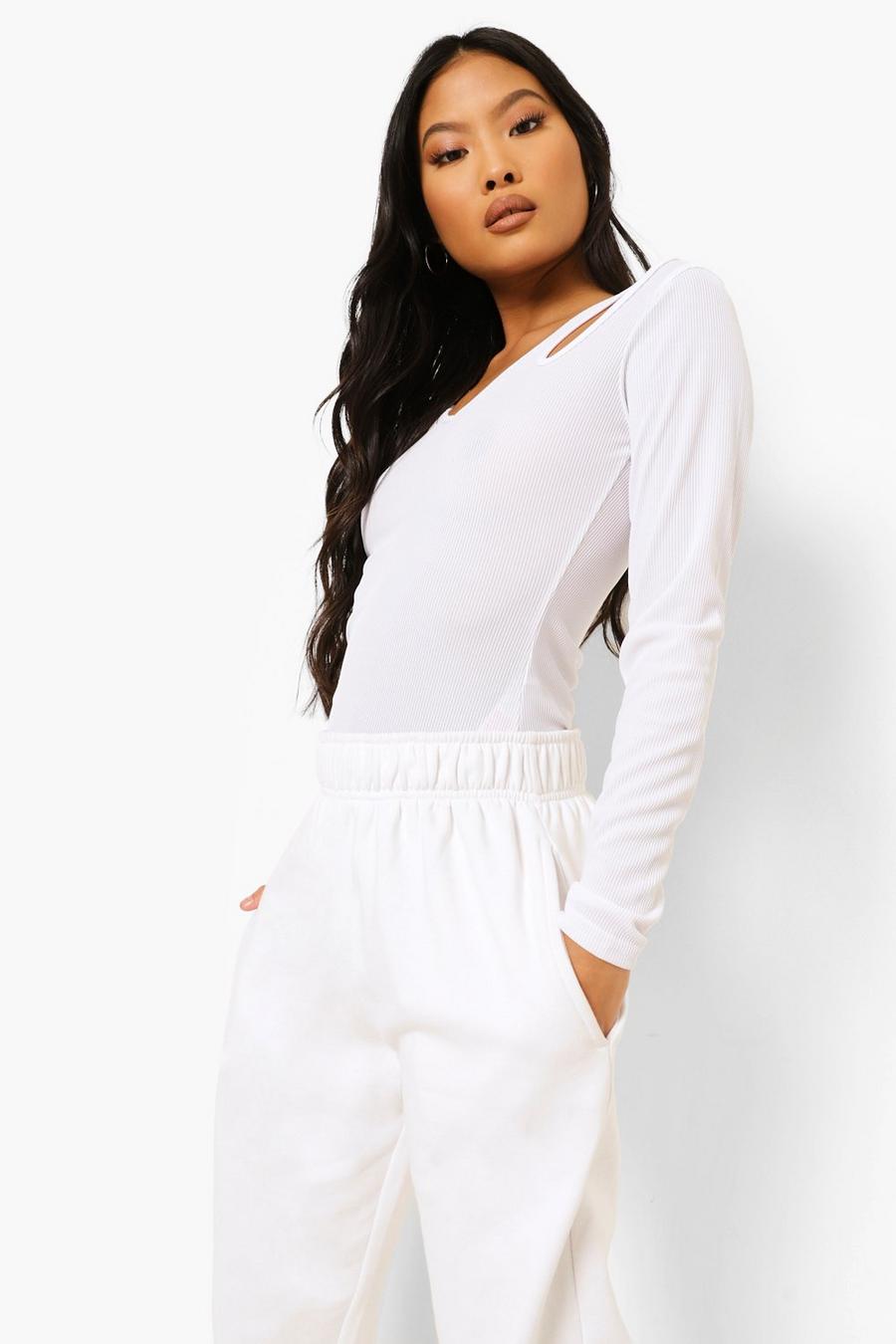 White Petite Cut Out Detail Long Sleeve Ribbed Top image number 1