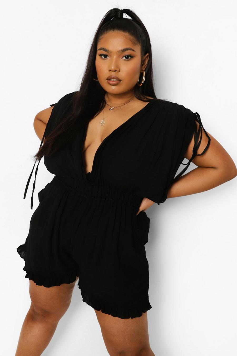 Black Plus Cheesecloth Gathered Shoulder Playsuit image number 1