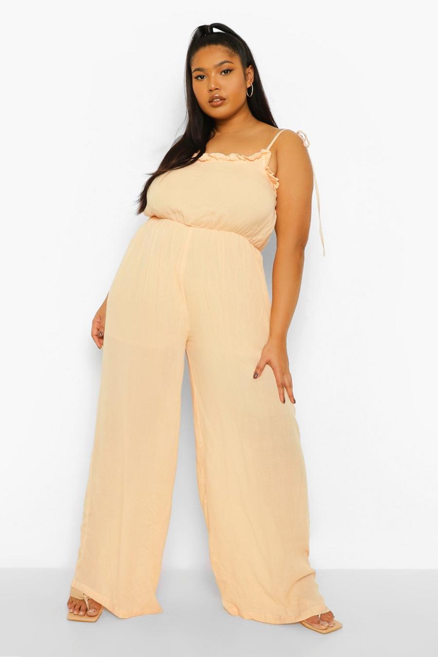 Tan Plus Cheesecloth Tie Back Jumpsuit image number 1