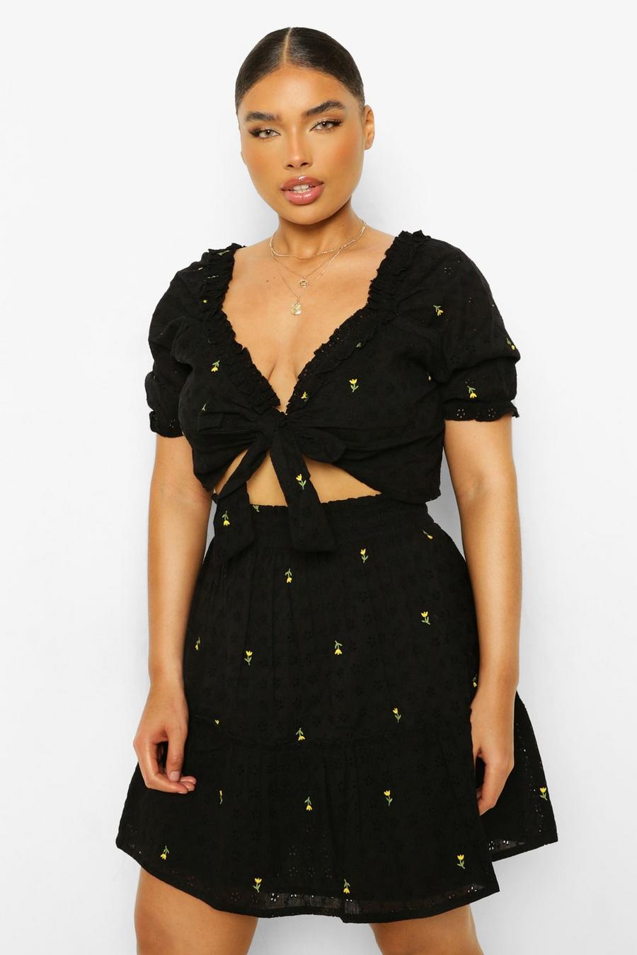 Black Plus Eyelet Tie Front Two-Piece image number 1