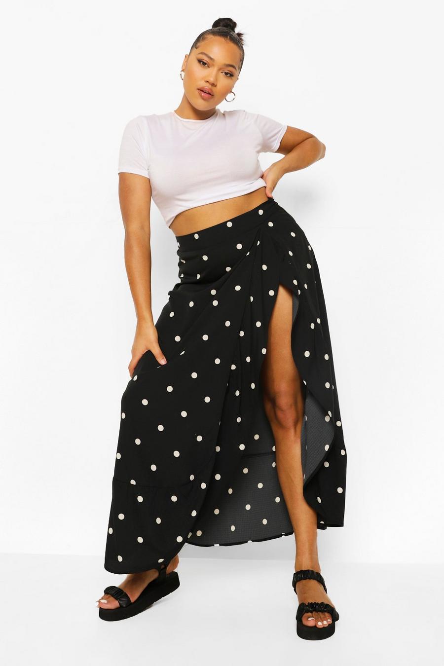 Black Plus Polka Dot Wrap Midi Skirt image number 1