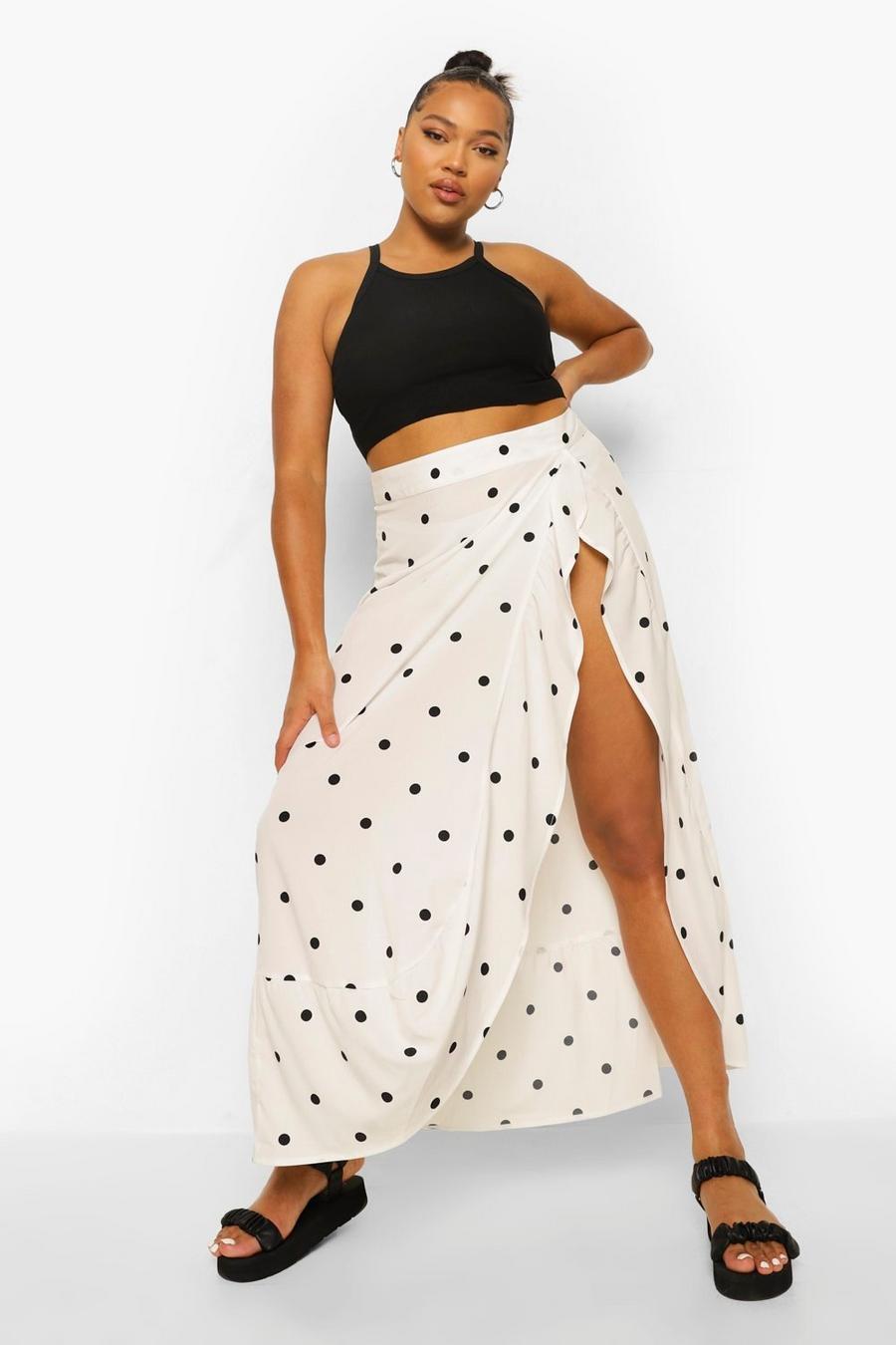 White Plus Polka Dot Wrap Midi Skirt