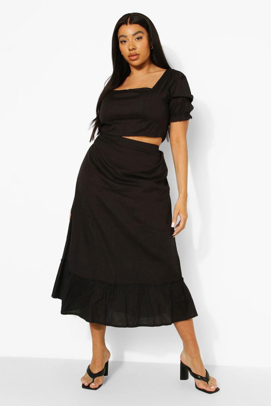 שחור סט תואם של חצאית מידי וטופ עם שרוולים נפוחים למידות גדולות image number 1