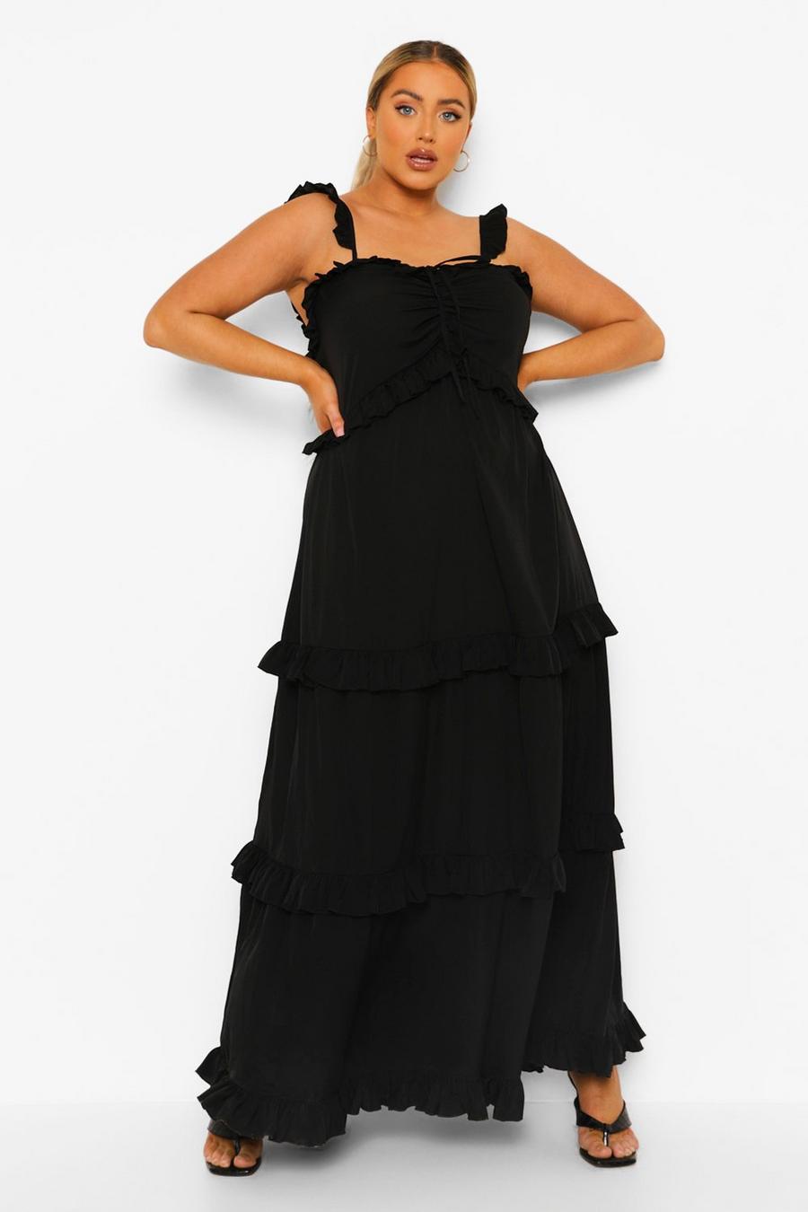 שחור שמלת מקסי מדורגת עם מלמלה למידות גדולות image number 1