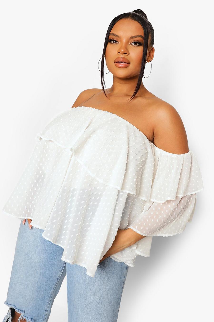 White Plus Off The Shoulder Dobby Mesh Top image number 1