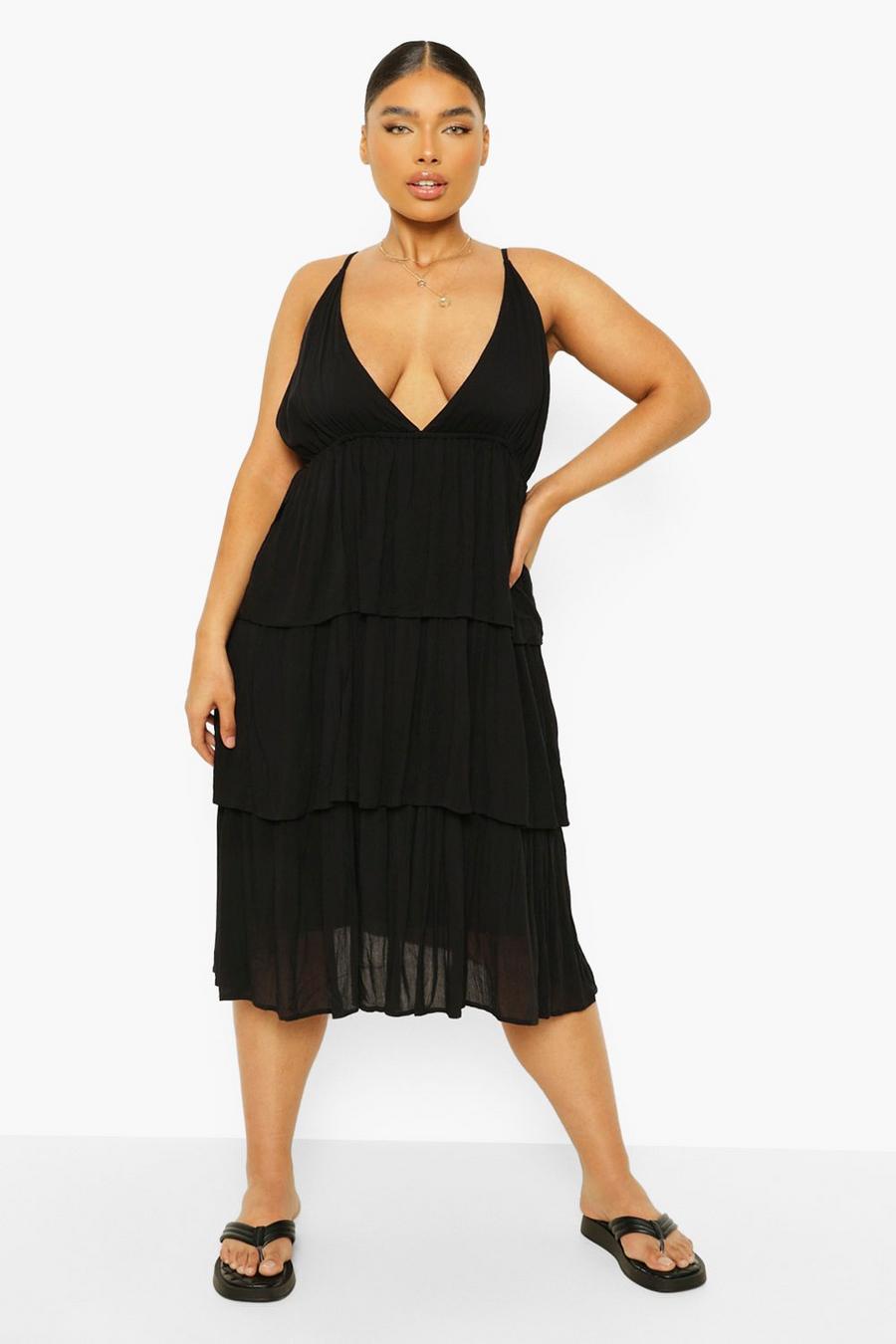 Black Plus Cheesecloth Strappy Tiered Midi Dress image number 1