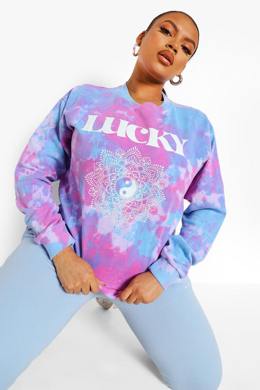 Bright pink Plus - "Lucky" Sweatshirt med batikmönster image number 1