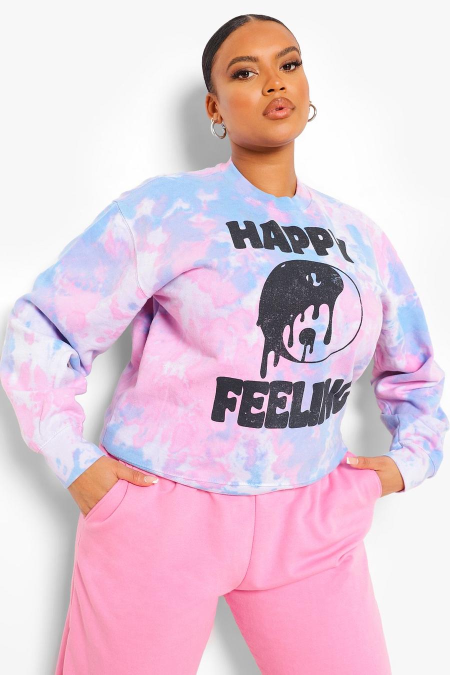 Sweatshirt in Batik-Optik mit „Happy Feeling“-Slogan in Plusgröße , Babyrosa image number 1