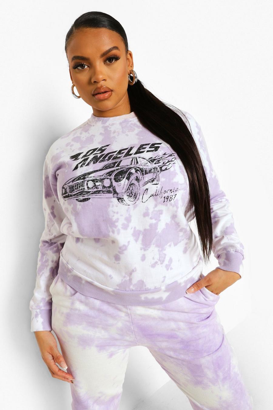 Sweatshirt in Batik-Optik in Plusgröße mit La Car-Print, Ausgewaschenes lila image number 1