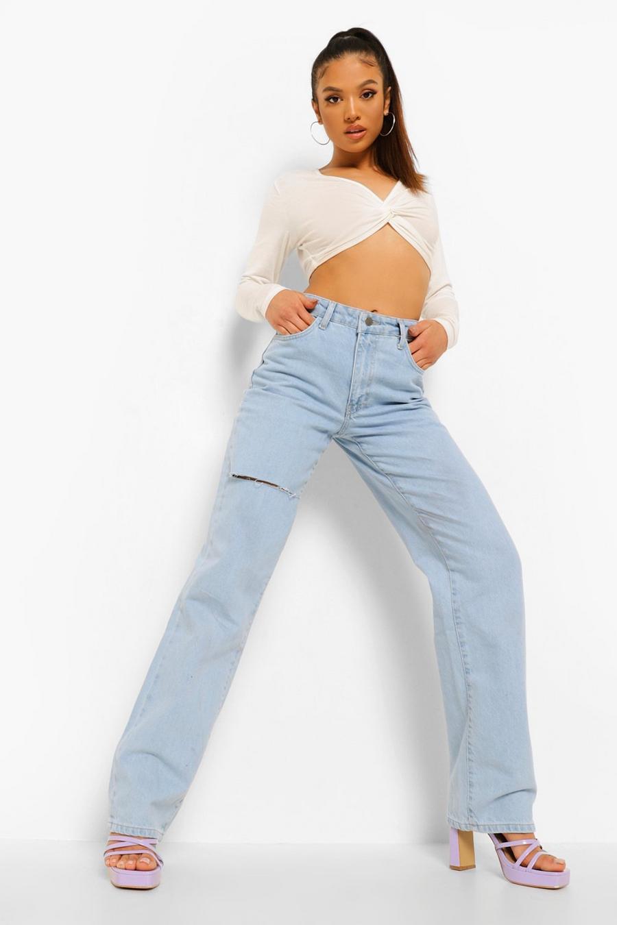 כחול בהיר ג'ינס קשיח בגזרת בויפרנד עם פתחים בברכיים פטיט image number 1