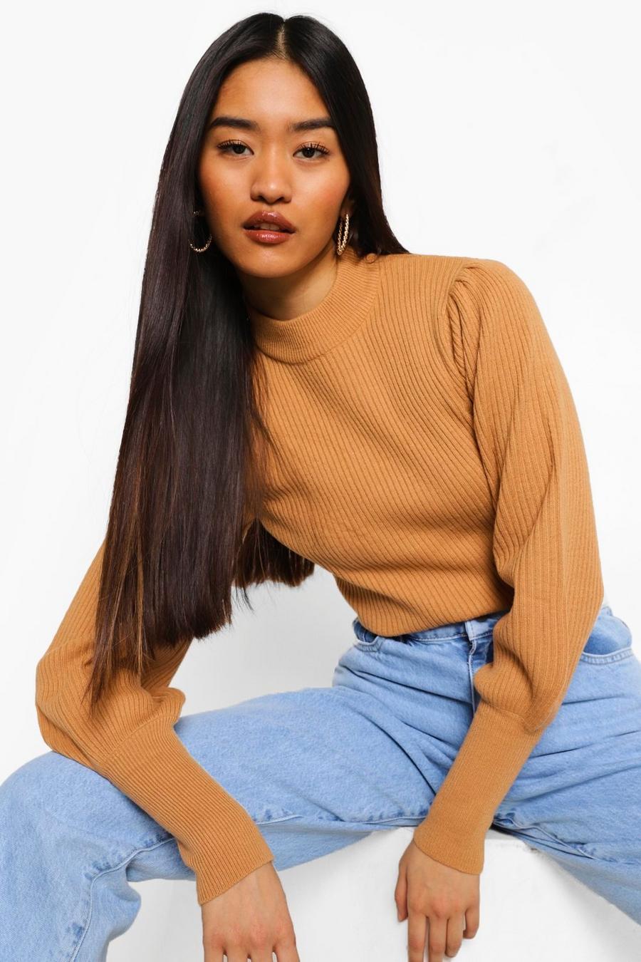 Camel Petite Knitted Balloon Sleeve Jumper image number 1
