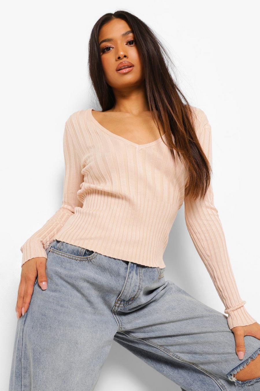 Nude Petite Knitted Rib V Neck Top image number 1
