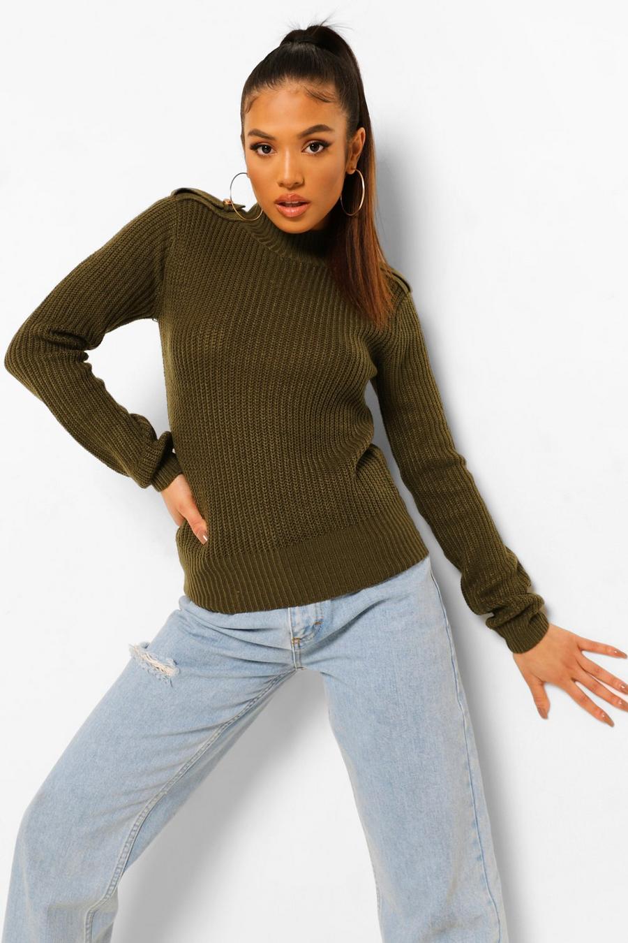 Khaki Petite Knitted Button Detail Jumper image number 1