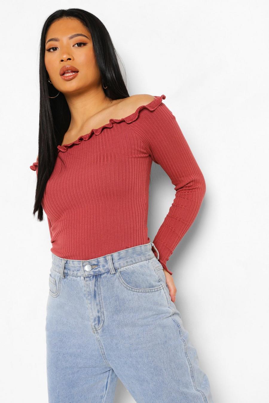 Rose Petite Knitted Ruffle Off The Shoulder Top image number 1