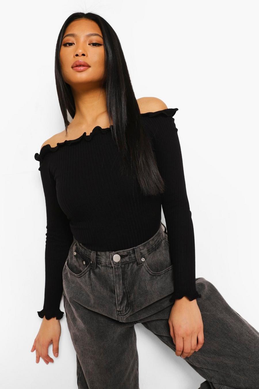 Black Petite Knitted Ruffle Off The Shoulder Top image number 1