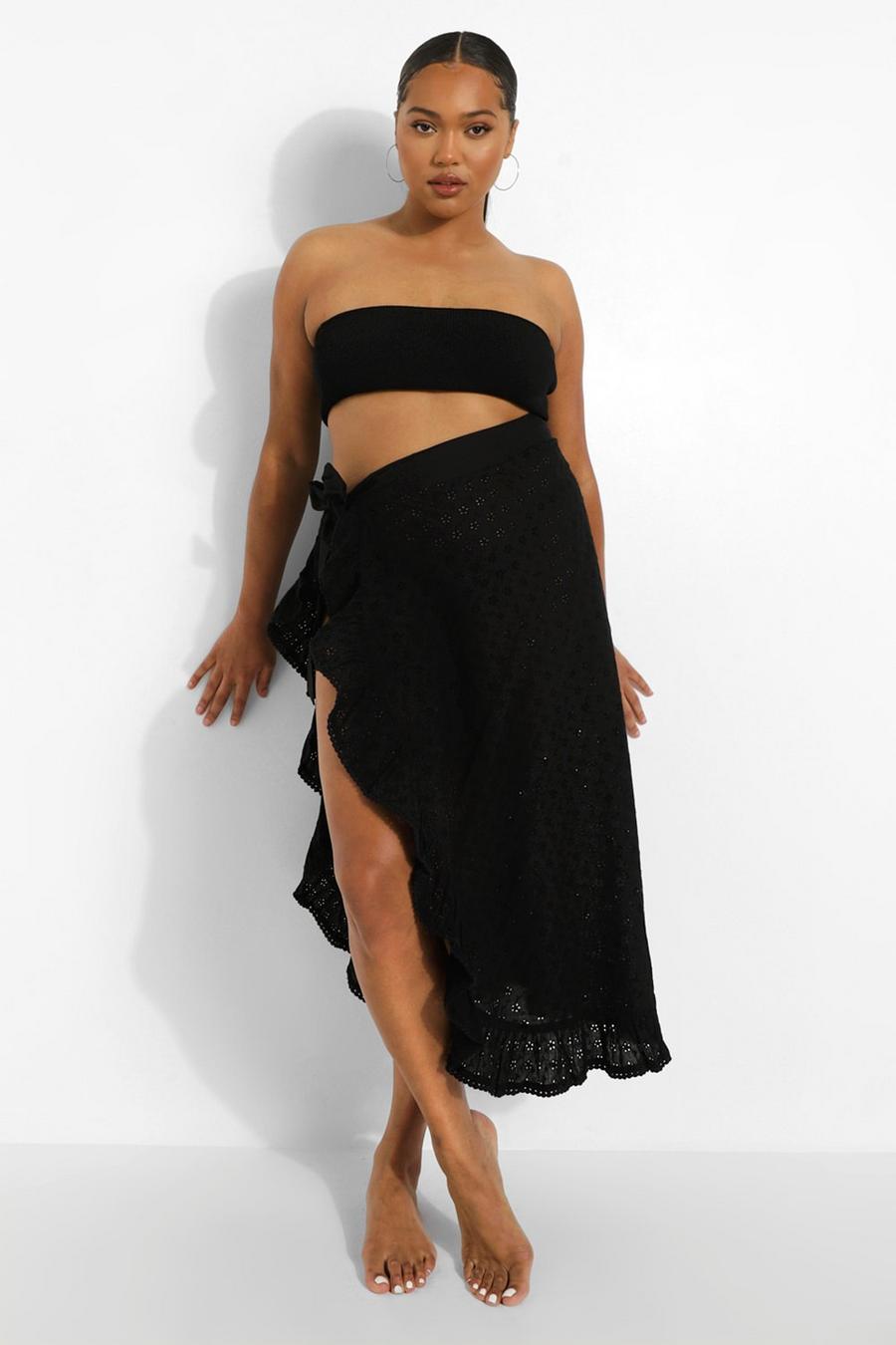 Black Plus Broderie Ruffle Beach Sarong image number 1