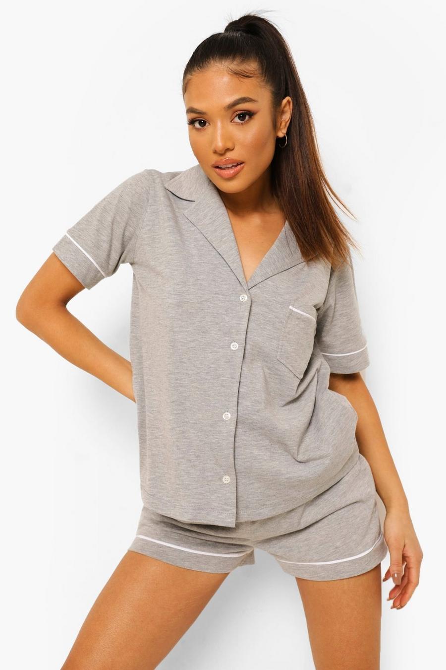 Petite - Ensemble de pyjama boutonné en jersey avec short, Grey image number 1