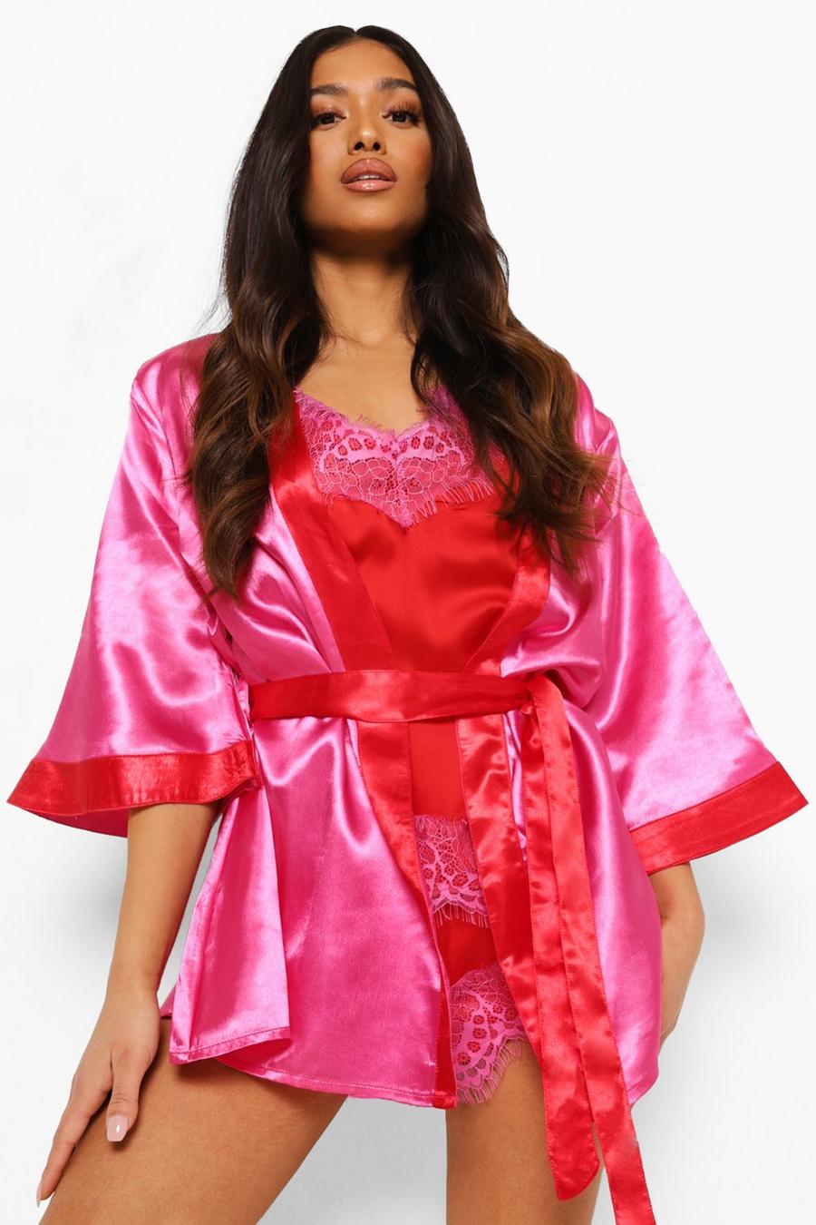 Peignoir kimono en satin contrasté Petite, Rose image number 1