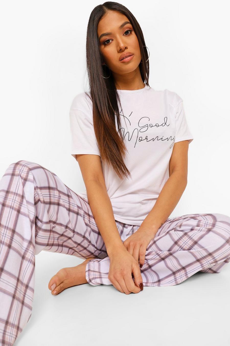 Petite Pyjama-Hosenset mit „Good Morning“-Motiv, Weiß image number 1