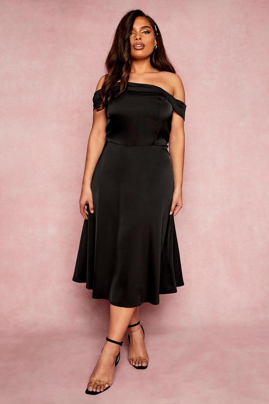 Black Plus Bridesmaid Bardot Midi Dress image number 1