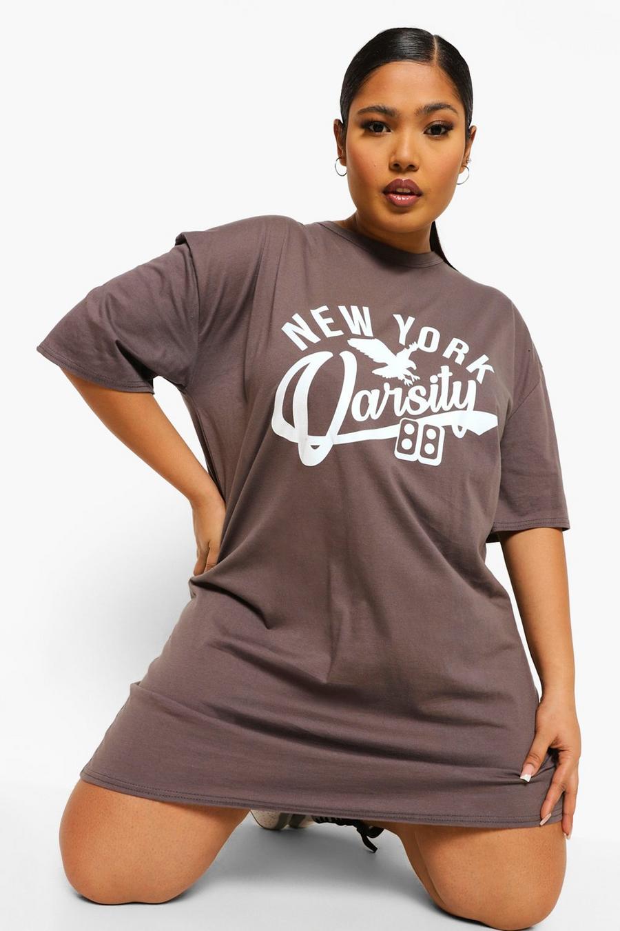 Plus Übergroßes T-Shirt-Kleid mit New York-Motiv, Anthrazit image number 1