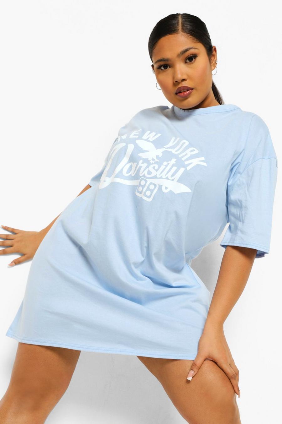 Plus Übergroßes T-Shirt-Kleid mit New York-Motiv, Hellblau image number 1