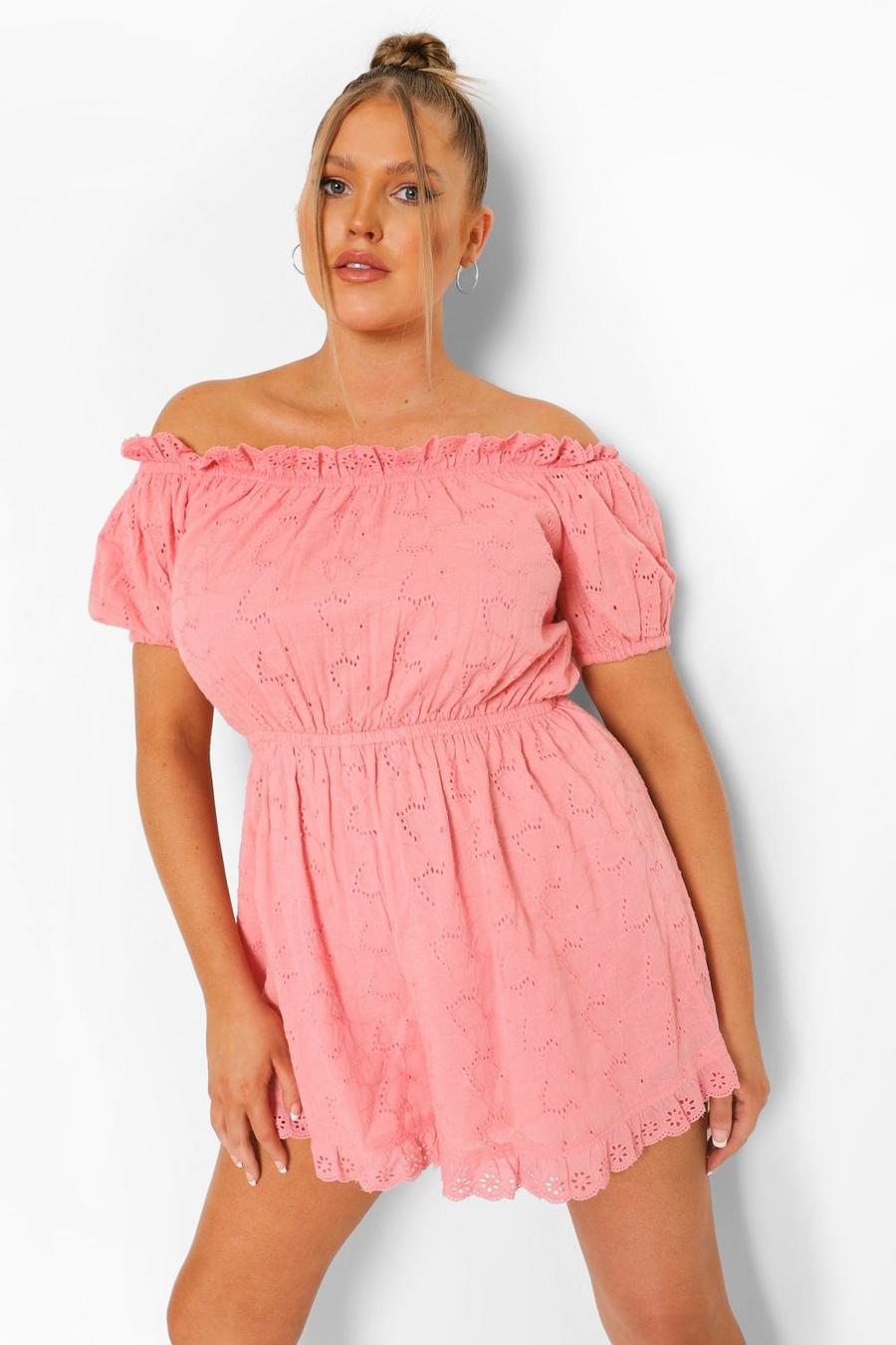 Pink Plus Off Shoulder Broderie Anglaise Playsuit image number 1