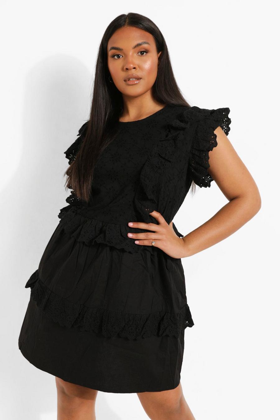 Black Plus Broderie Ruffle Tiered Skater Dress image number 1