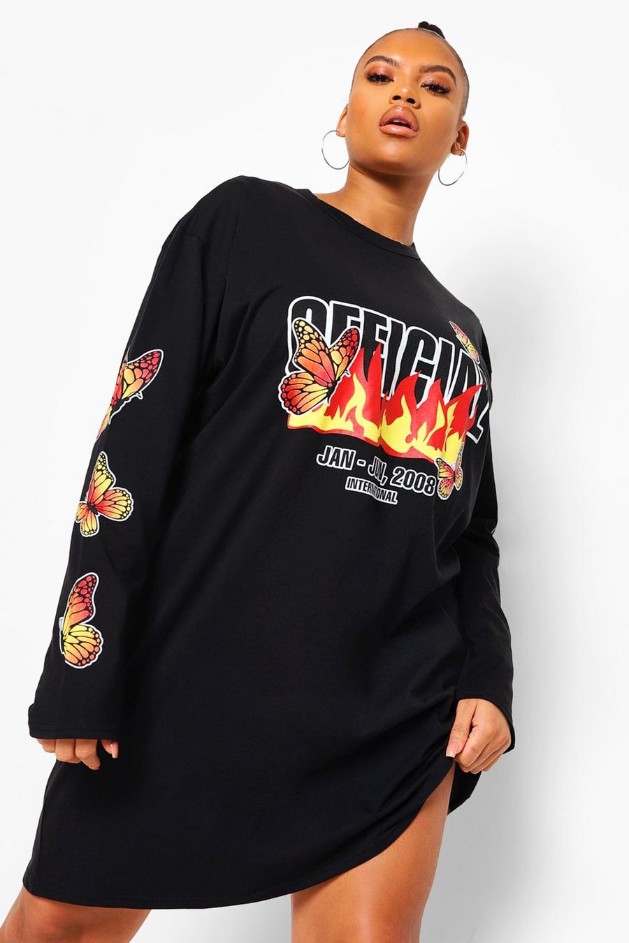 Black Plus - T-shirtklänning med fjärilar och eldsflammor image number 1