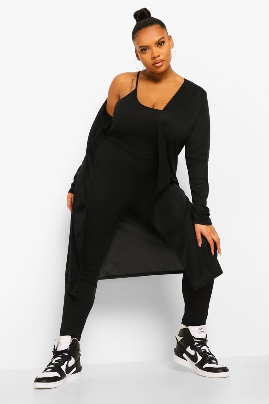 Black Plus Zachte Geribbelde Jumpsuit En Cardigan Set image number 1