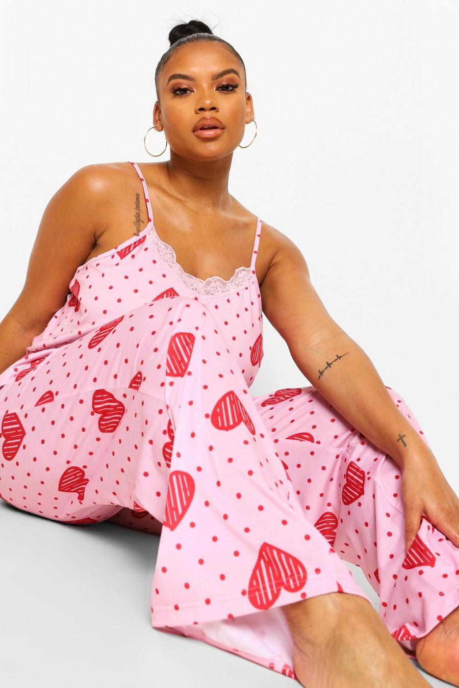 Grande taille - Pyjama à imprimé cœurs et dentelle, Pink rose